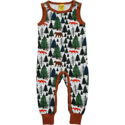 Organic cotton baby dungarees with a woodland print - foxes and bears walking through pine trees and mushrooms on a white background with brown trims.