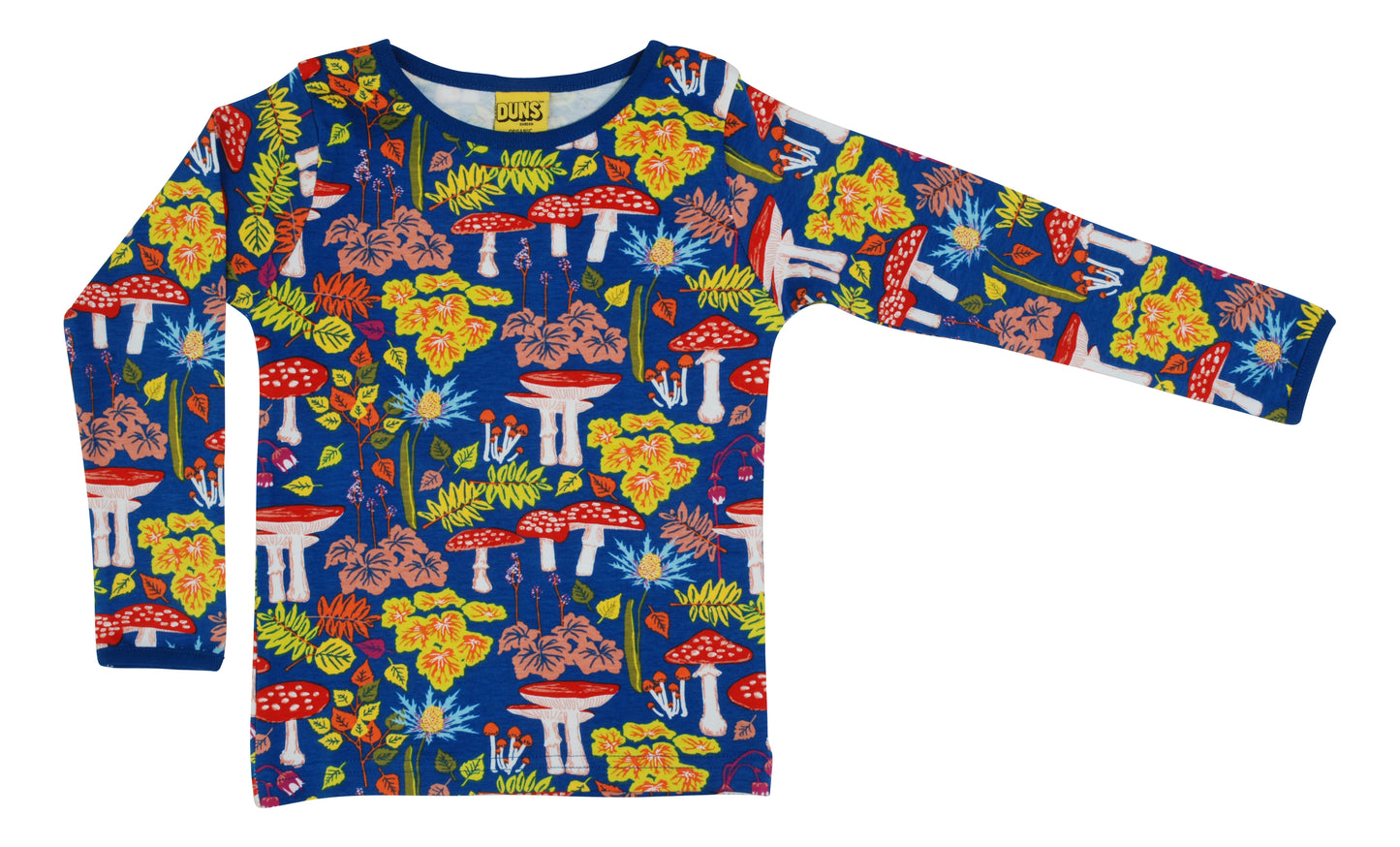 DUNS Sweden, organic long sleeve top. Red mushrooms and toadstools, alongside vibrant autumn leaves on a deep water blue background.